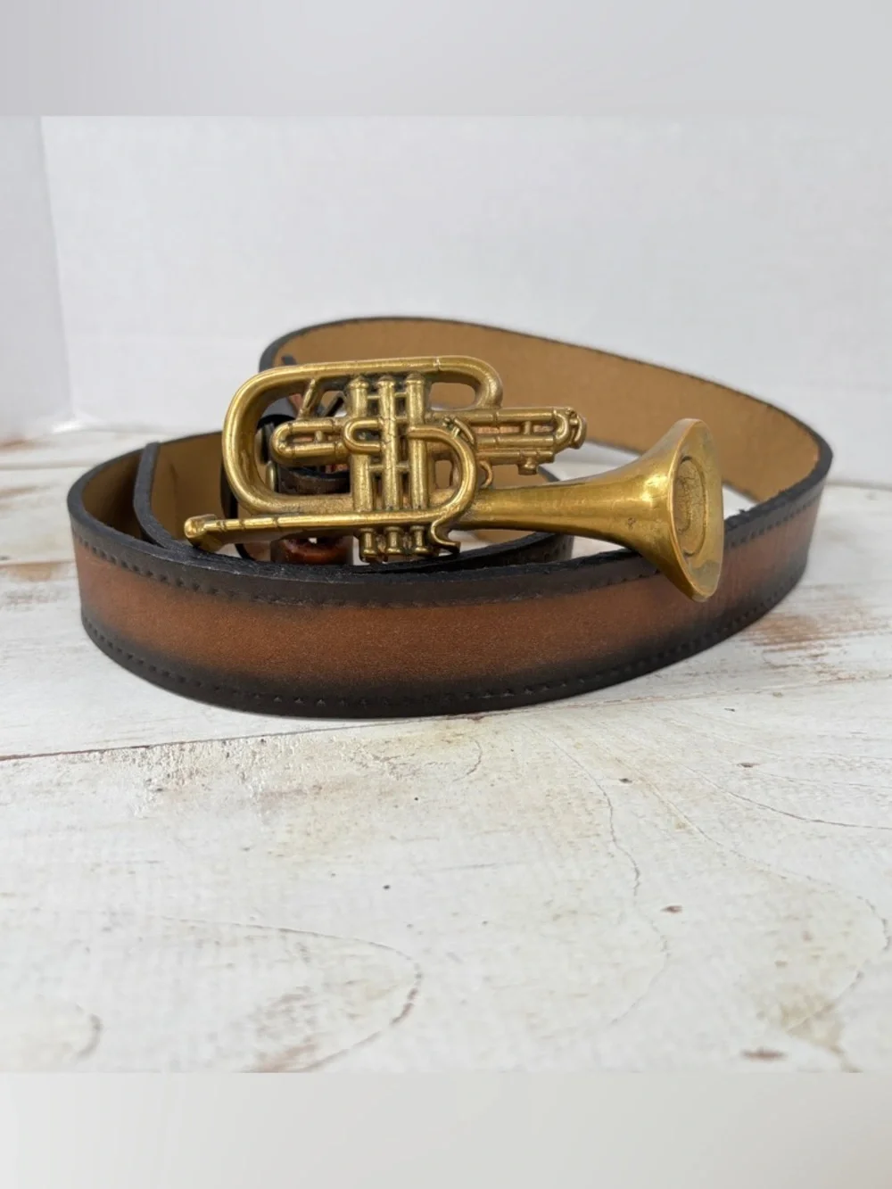 Vintage Baron solid Brass belt Buckle cornet trumpet music band 70s sz 34 belt